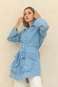 Modalamelif Önü Çıtçıt Düğmeli Kapşonlu Trenç Açık Mavi