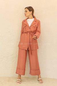 Modalamelif Önü Düğmeli Kuşaklı Takım Gül