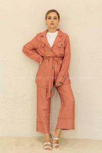 Modalamelif Önü Düğmeli Kuşaklı Takım Gül