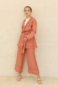 Modalamelif Önü Düğmeli Kuşaklı Takım Gül