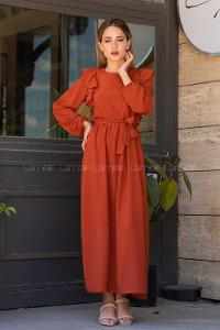 Modalamelif Önü Fırfırlı Ayrobin Elbise Kiremit