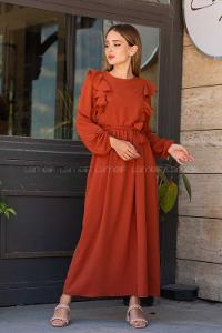 Modalamelif Önü Fırfırlı Ayrobin Elbise Kiremit