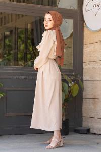 Modalamelif Önü Fırfırlı Ayrobin Elbise Taş Rengi