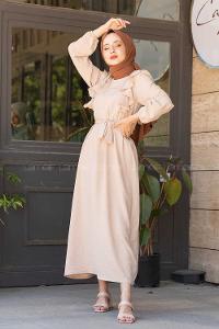 Modalamelif Önü Fırfırlı Ayrobin Elbise Taş Rengi