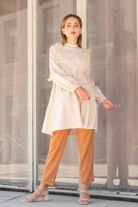 Modalamelif Önü Tül Fırfırlı Tunik  Bej