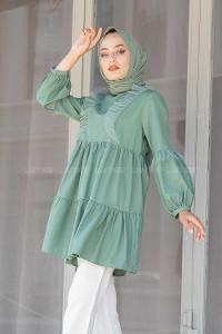 Modalamelif Önü Tül Fırfırlı Tunik Çağla