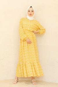 Modalamelif Bel Büzgülü Kalp Desen Elbise Hardal Sarısı