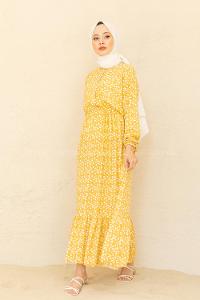 Modalamelif Bel Büzgülü Kalp Desen Elbise Hardal Sarısı