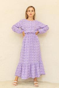Modalamelif Bel Büzgülü Kalp Desen Elbise Lila