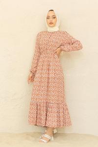 Modalamelif Bel Büzgülü Kalp Desen Elbise Soft Kahve