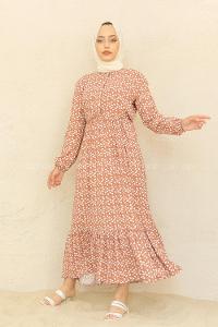 Modalamelif Bel Büzgülü Kalp Desen Elbise Soft Kahve