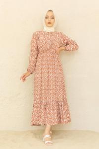 Modalamelif Bel Büzgülü Kalp Desen Elbise Soft Kahve