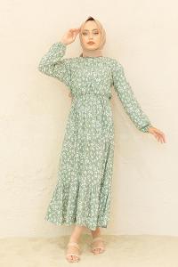 Modalamelif Bel Büzgülü Papatya Desen Elbise Çağla Yeşili