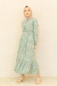 Modalamelif Bel Büzgülü Papatya Desen Elbise Çağla Yeşili