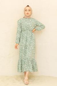 Modalamelif Bel Büzgülü Papatya Desen Elbise Çağla Yeşili
