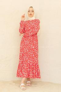 Modalamelif Bel Büzgülü Papatya Desen Elbise Kırmızı