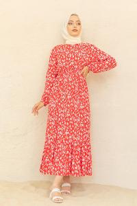 Modalamelif Bel Büzgülü Papatya Desen Elbise Kırmızı