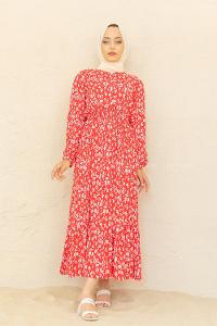 Modalamelif Bel Büzgülü Papatya Desen Elbise Kırmızı