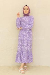 Modalamelif Bel Büzgülü Papatya Desen Elbise Lila