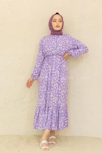 Modalamelif Bel Büzgülü Papatya Desen Elbise Lila