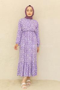 Modalamelif Bel Büzgülü Papatya Desen Elbise Lila