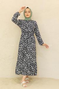 Modalamelif Bel Büzgülü Papatya Desen Elbise Siyah