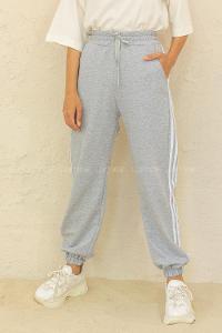 Modalamelif Bel Ve Paça Lastikli Şeritli Üç İplik Eşofman Gri