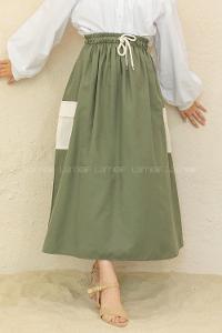 Modalamelif Beli Lastikli Cep Garnili Etek Haki