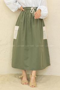 Modalamelif Beli Lastikli Cep Garnili Etek Haki