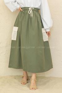 Modalamelif Beli Lastikli Cep Garnili Etek Haki