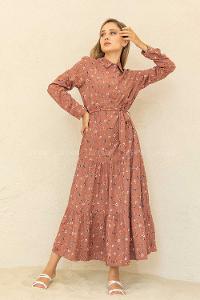 Modalamelif Çiçek Desenli Kuşaklı Elbise taba