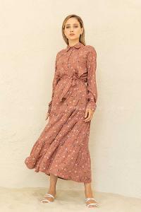 Modalamelif Çiçek Desenli Kuşaklı Elbise taba