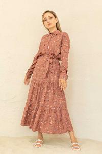 Modalamelif Çiçek Desenli Kuşaklı Elbise taba