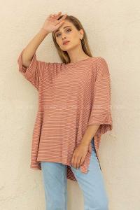 Modalamelif Çizgili T-Shirt Gül