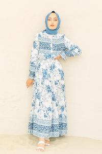 Modalamelif Kilim Desen  Elbise Mavi Ekru