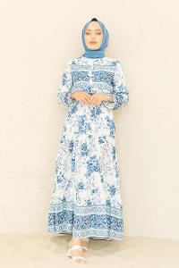 Modalamelif Kilim Desen  Elbise Mavi Ekru