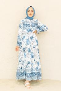 Modalamelif Kilim Desen  Elbise Mavi Ekru