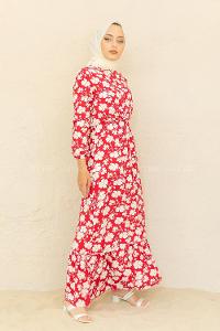 Modalamelif Papatya Desen  Elbise Ekru Kırmızı