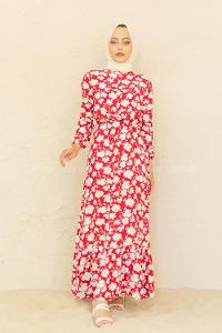Modalamelif Papatya Desen  Elbise Ekru Kırmızı