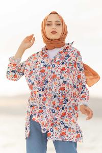 Modalamelif  Çiçek Desen Gömlek Ekru Mavi