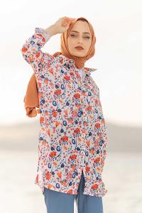 Modalamelif  Çiçek Desen Gömlek Ekru Mavi