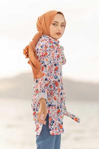 Modalamelif  Çiçek Desen Gömlek Ekru Mavi