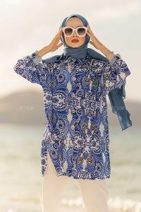 Modalamelif  Etnik Desen Gömlek Mavi Ekru