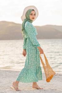 Modalamelif Papatya Desen Elbise Mint Yeşili