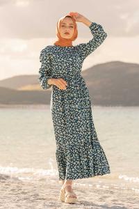 Modalamelif Papatya Desenli  Elbise Petrol Mavisi