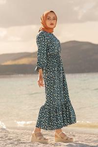 Modalamelif Papatya Desenli  Elbise Petrol Mavisi