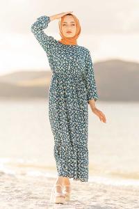 Modalamelif Papatya Desenli  Elbise Petrol Mavisi