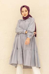 Modalamelif Kol Bağlamalı Fırfırlı Uzun Tunik Gri