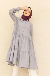 Modalamelif Kol Bağlamalı Fırfırlı Uzun Tunik Gri