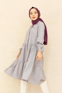Modalamelif Kol Bağlamalı Fırfırlı Uzun Tunik Gri
